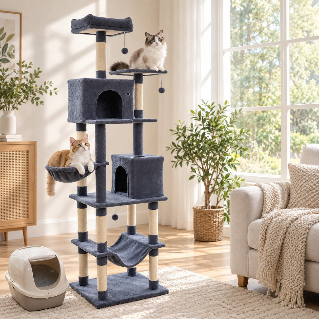 Airfind 80 Inches Tall Cat Tree with 2 Large Condos and Dangling Toys, 33 lbs Capacity, Engineered Board Sisal Plush Fabric Sponge Frame, Dark Gray