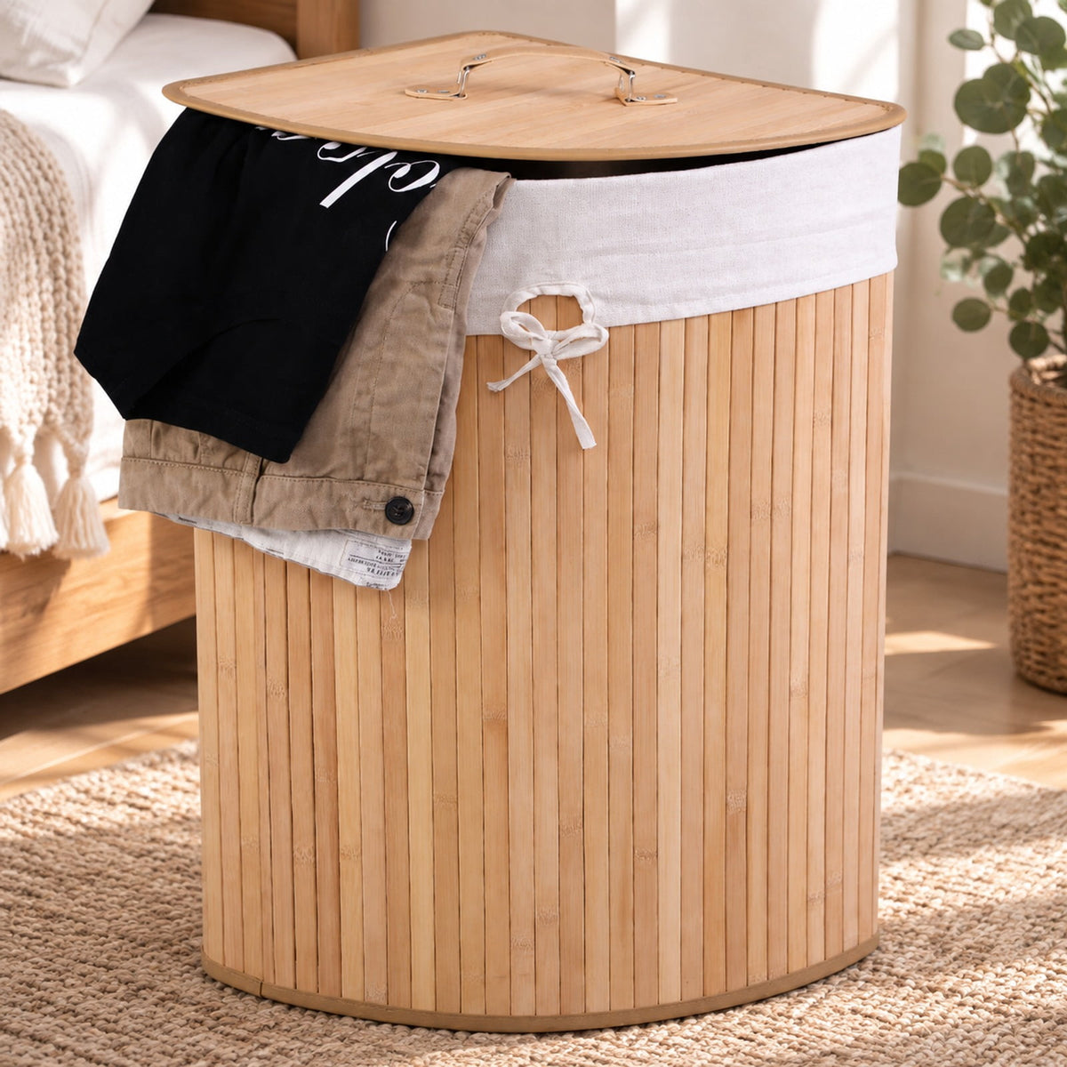 Airfind Corner Bamboo Hamper Laundry Basket, Bamboo and polyester cotton Frame, Natural, Easy to carry with a handle on each side