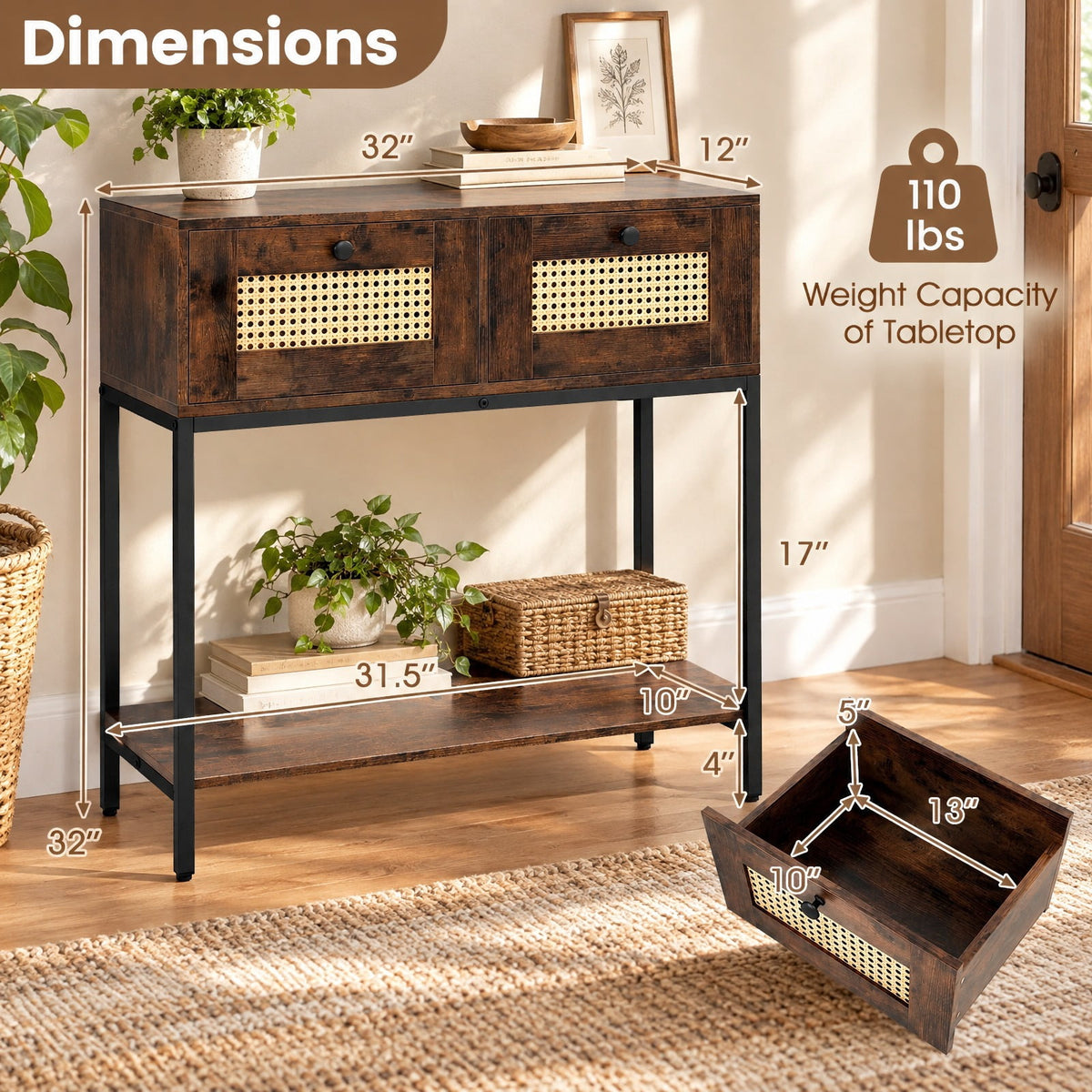 Airfind Rattan Console Table Boho Entryway Table with 2 Rattan Drawers and Open Storage Shelf, 88 lbs Capacity, Brown