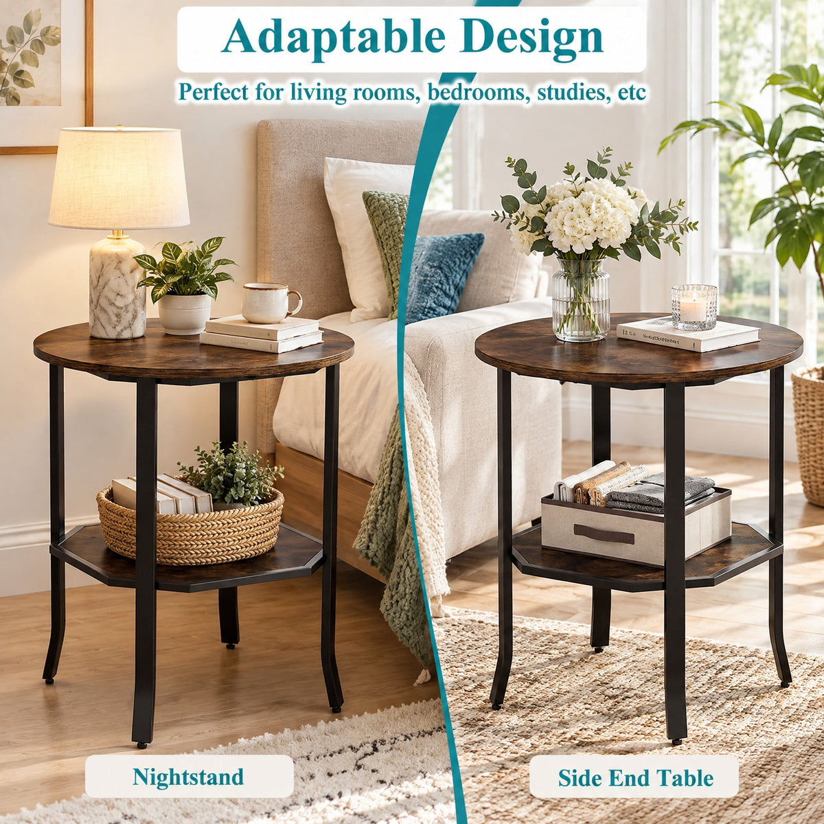 Airfind Round Side Table Small End Table with Storage Shelf 2-Tier Nightstand for Small Space, 90 lbs Capacity, Engineered Wood Carbon Steel Frame