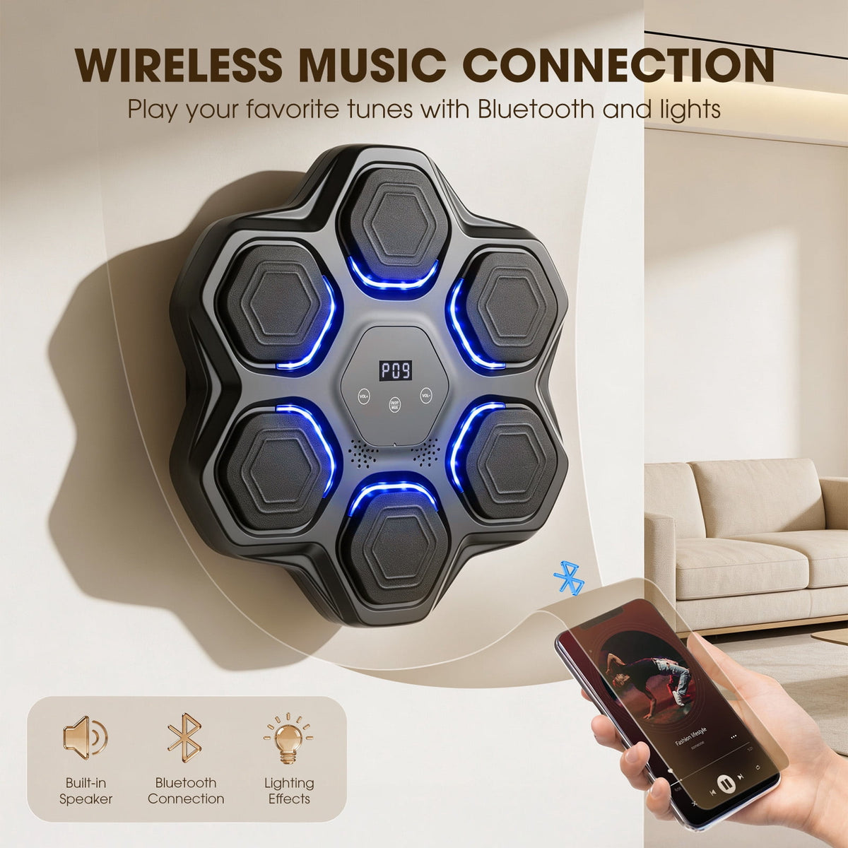 Airfind Smart Music Boxing Machine Target Trainer with Bluetooth Interactive Reflex Punch Pad for Home Gym and Kids Training 9 Speed Modes, Black