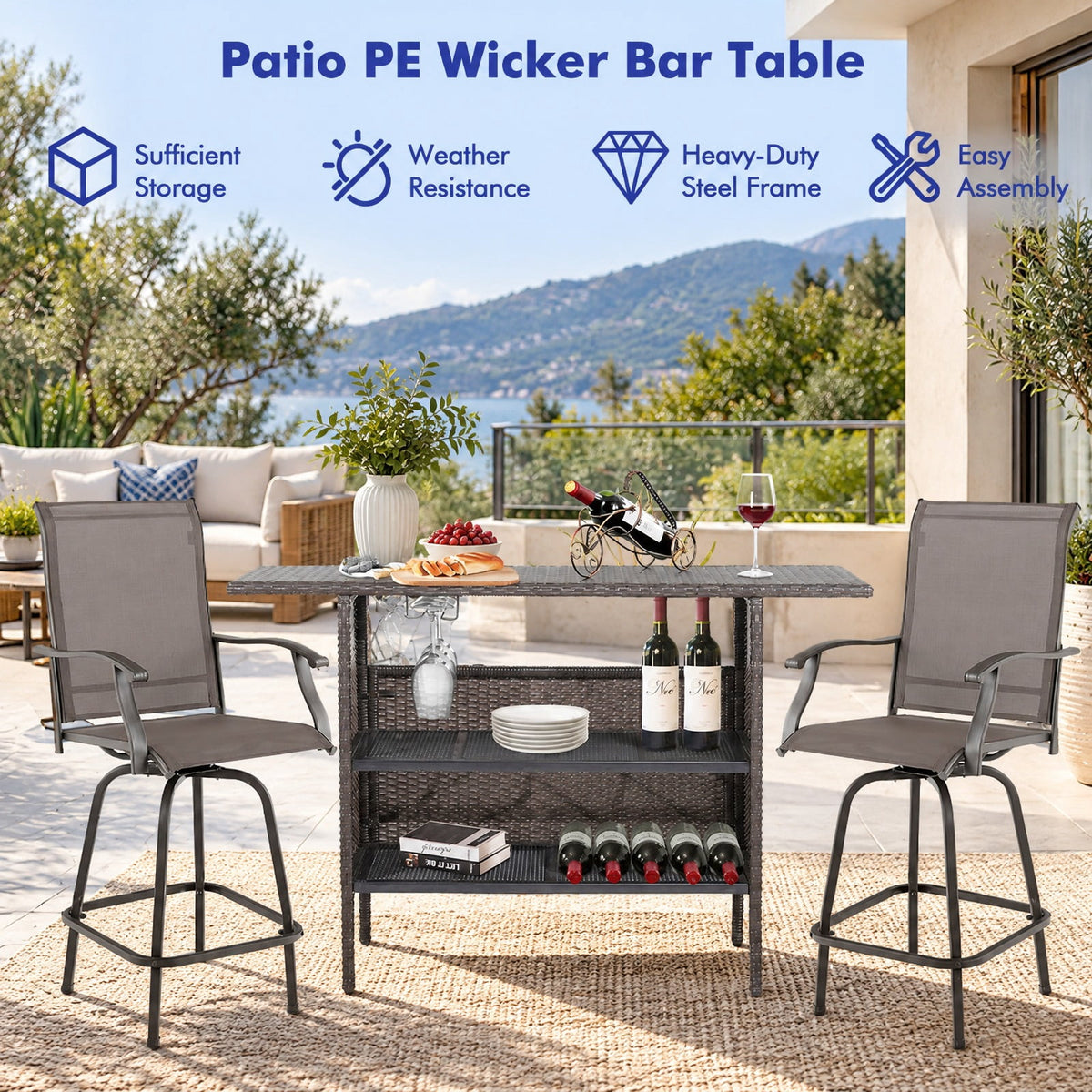 Airfind Outdoor Wicker Bar Table with 2 Metal Mesh Shelves, PE rattan steel Frame, 55 x 18.5 x 36 Footprint, Mix brown