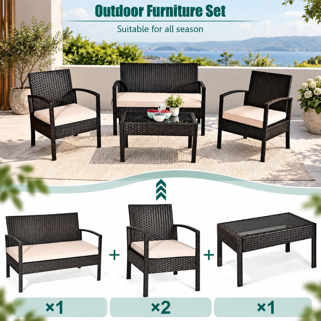 Airfind 4 Pieces Patio Rattan Conversation Set with Loveseat Sofas and Coffee Table, 710 lbs Capacity, PE Rattan Frame, Coffee