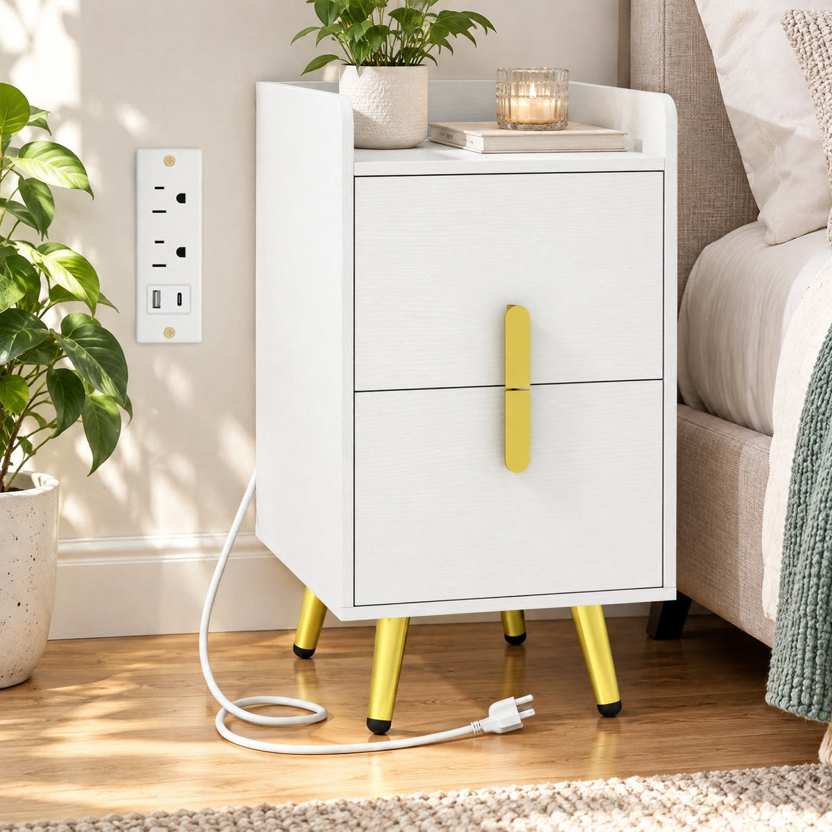 Airfind Nightstand Side Tables with 2 Drawers and Charging Station with 3 AC Outlets and 2 USB Ports, Engineered Wood MDF Metal Frame, 16 Inch x 12.5 Inch 23.5 Inch Drawer Internal Footprint, White