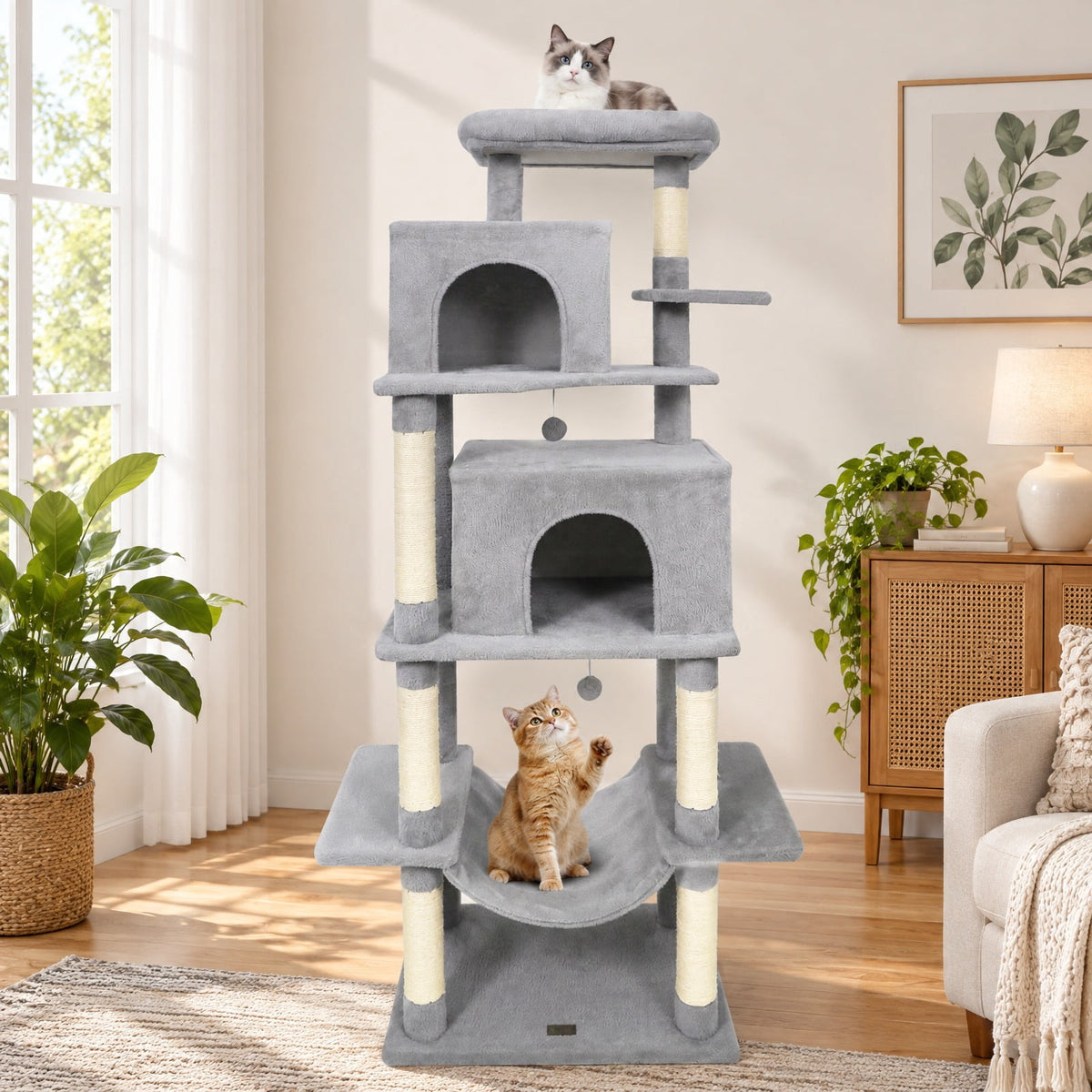 Airfind Large Cat Tree for Indoor Cats 70 Tall Cat Tower, 33 lbs Capacity, Plush Fabric Sisal Engineered Wood Overall Height 70 Base Frame