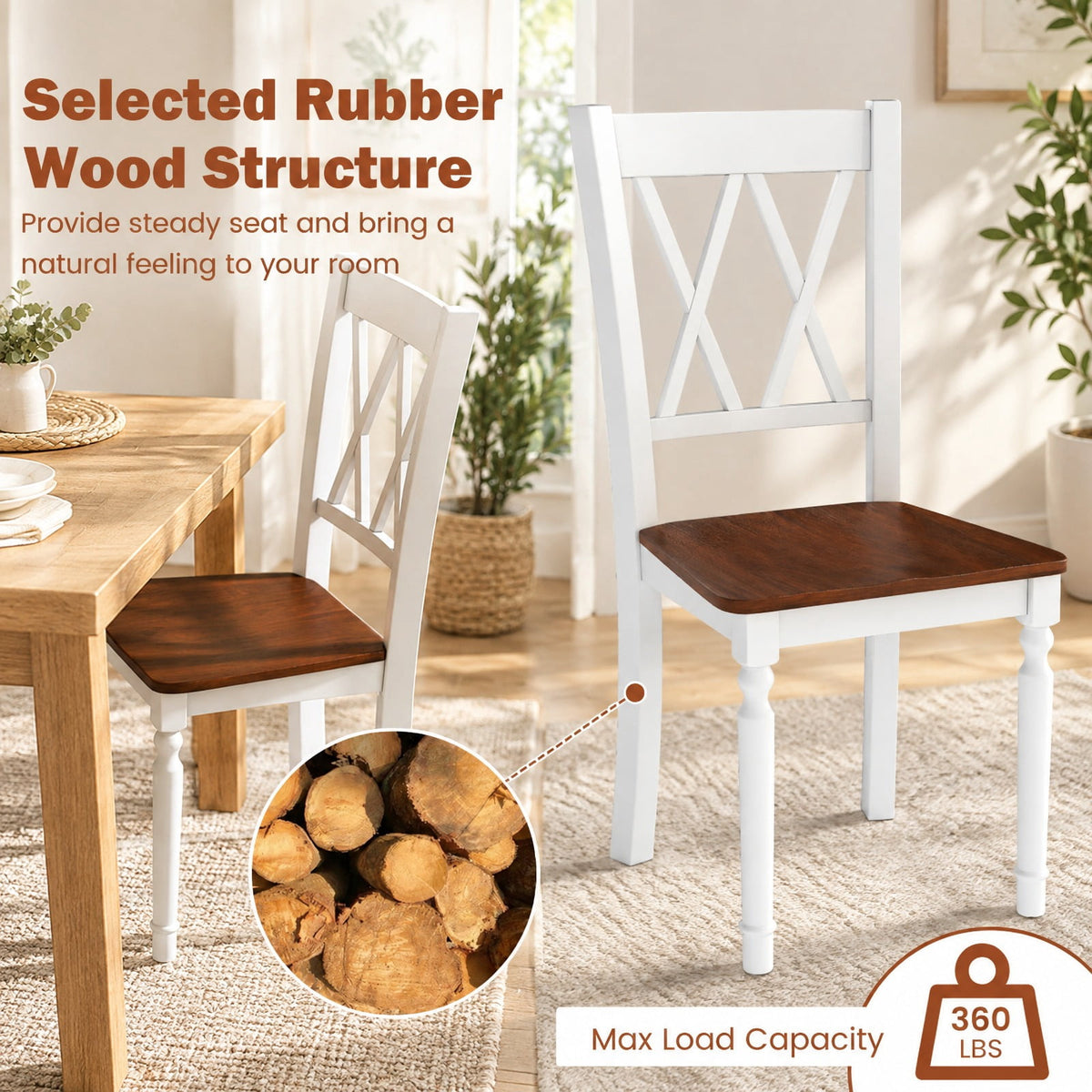Airfind Set of 2 Wooden Farmhouse Kitchen Chairs with Rubber Wood Seat, 360 lbs Capacity, LVL Rubber Wood Acacia Wood Frame, Walnut+White