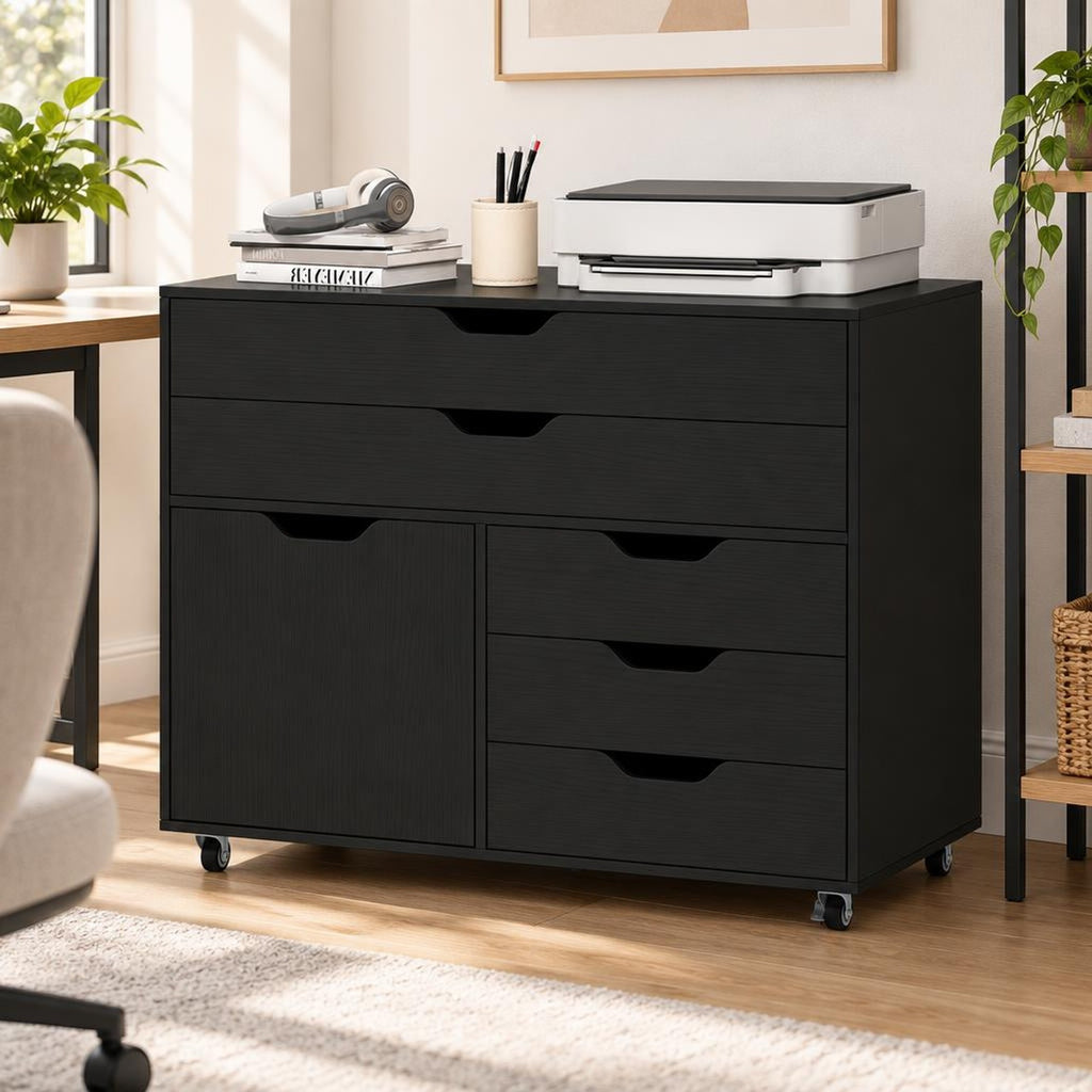 Airfind Modern Vertical 5-Drawer Mobile Chest with Door 5 Casters, 220 lbs Capacity, Engineered Wood MDF Metal Frame, 30.5in x 16in x 25in Footprint