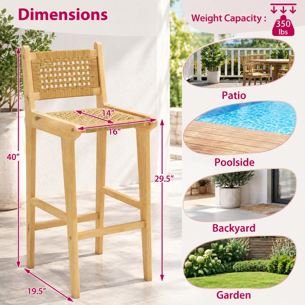 Airfind Patio Teak Wood Bar Stool with Rattan Backrest and Seat, Bar Stool 350 lbs Capacity, Teak Wood PE Rattan Frame, 16 x 19.5 x 40 Footprint