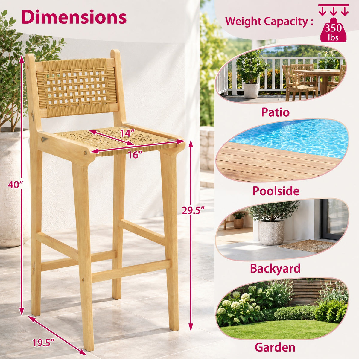 Airfind Patio Teak Wood Bar Stool with Rattan Backrest and Seat, Bar Stool 350 lbs Capacity, Teak Wood PE Rattan Frame, 16 x 19.5 x 40 Footprint