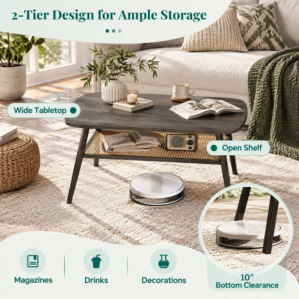Airfind 2-Tier Rectangular Center Coffee Table with Rattan Storage Shelf and Rubber Wood Legs, 220 lbs Capacity, 39.5 x 22 x 17.5 Footprint