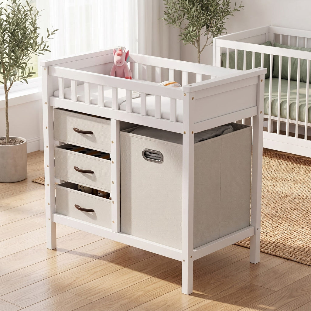 Airfind Wooden Baby Changing Table Diaper Changing Station with 3 Fabric Storage Drawers, 30 lbs Capacity, Engineered Wood Pine PEVA Foam Frame