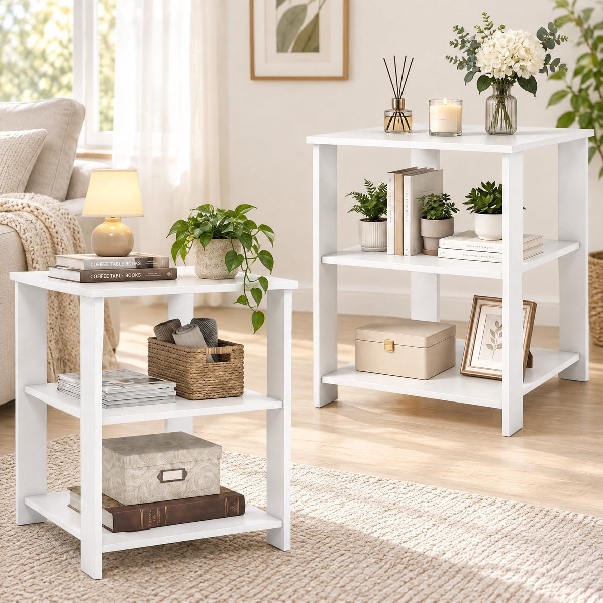 Airfind 3-Tier Modern Nightstand Square Side Table with Open Storage Shelves Set of 2, 66 lbs Capacity, Engineered Wood Frame, White