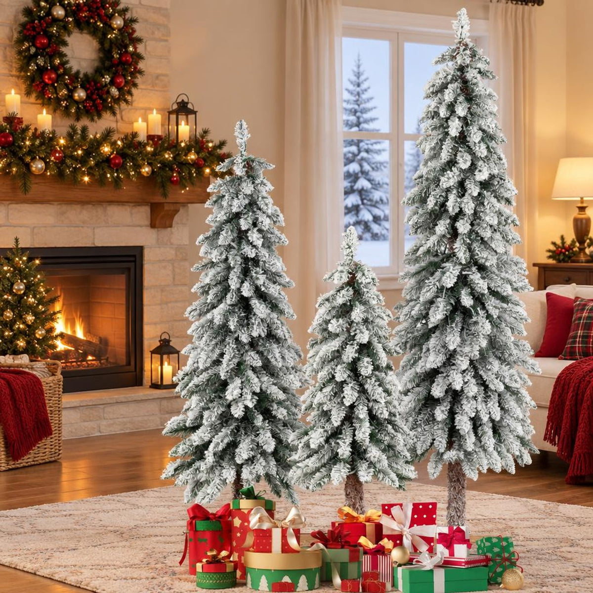 Airfind Artificial Christmas Tree Set of 3 with Snow, PVC Metal Tree Height 3 ft Tree Width 18in Base Frame, Green + White