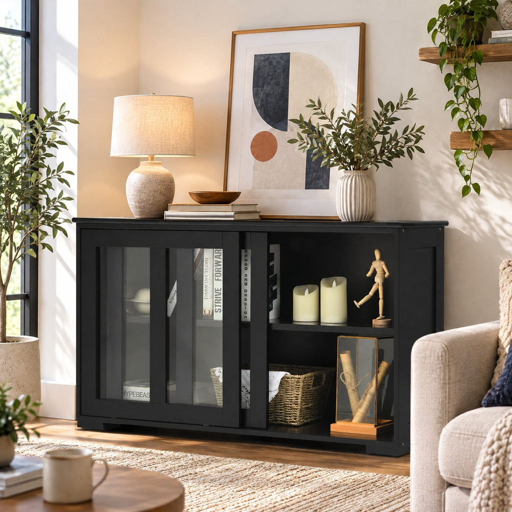 Airfind Kitchen Storage Cabinet with Glass Sliding Door, MDF transparent tempered glass Frame, 42in x 13.0in x 24.5in Footprint, Black