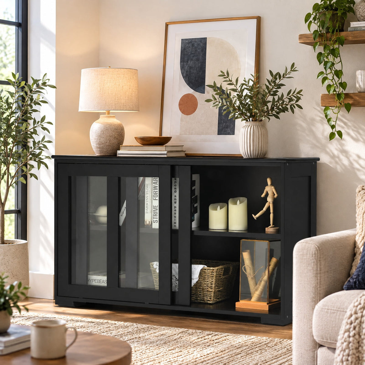 Airfind Kitchen Storage Cabinet with Glass Sliding Door, MDF transparent tempered glass Frame, 42in x 13.0in x 24.5in Footprint, Black