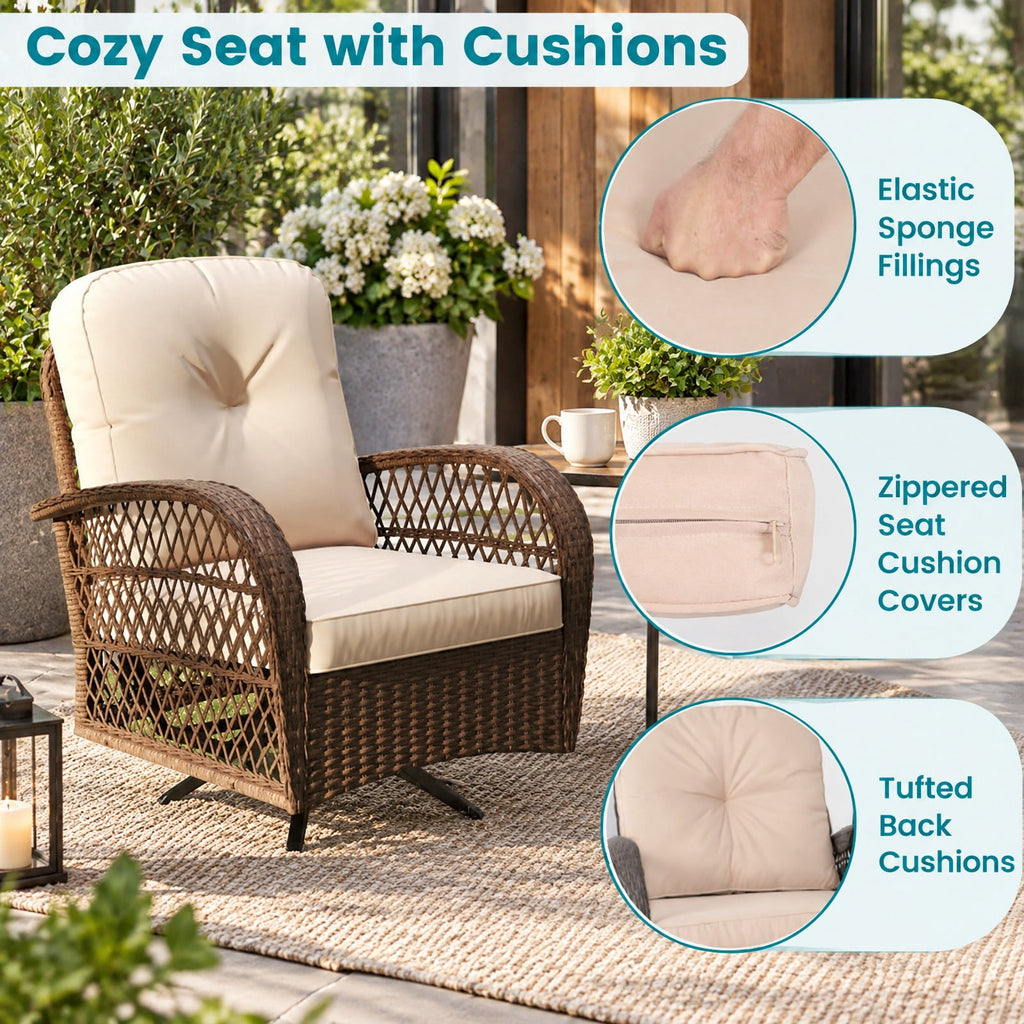 Airfind 3 Piece Patio Swivel Rocker Set with Tempered Glass Side Table and Thick Cushions, Seat 400 lbs Capacity, 33.5 x 29 x 35 Footprint, Brown