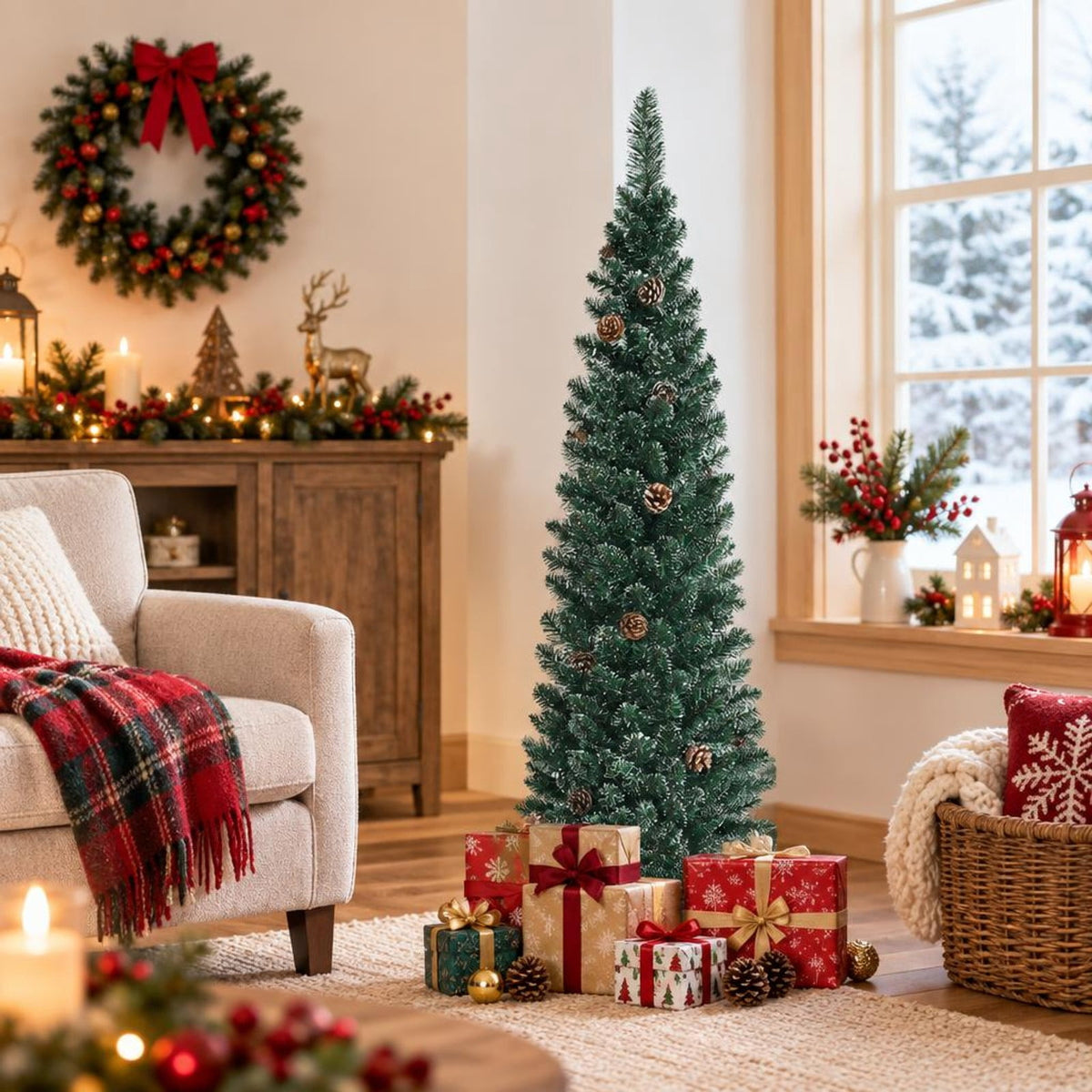 Airfind 5 Ft Slim Snow-Flocked Pencil Christmas Tree featuring 214 Branch Tips, 25 Pine Cones and Foldable Metal Stand, Green