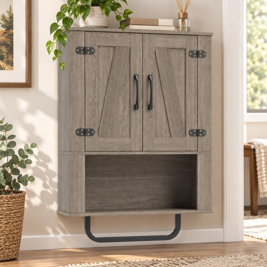Airfind Bathroom Wall Cabinet with 2 Barn Doors and Towel Bar and 3-Tier Wooden Storage, 11 lbs Capacity, Engineered Wood MDF Metal Frame, Gray