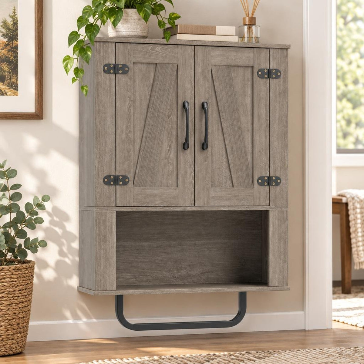 Airfind Bathroom Wall Cabinet with 2 Barn Doors and Towel Bar and 3-Tier Wooden Storage, 11 lbs Capacity, Engineered Wood MDF Metal Frame, Gray