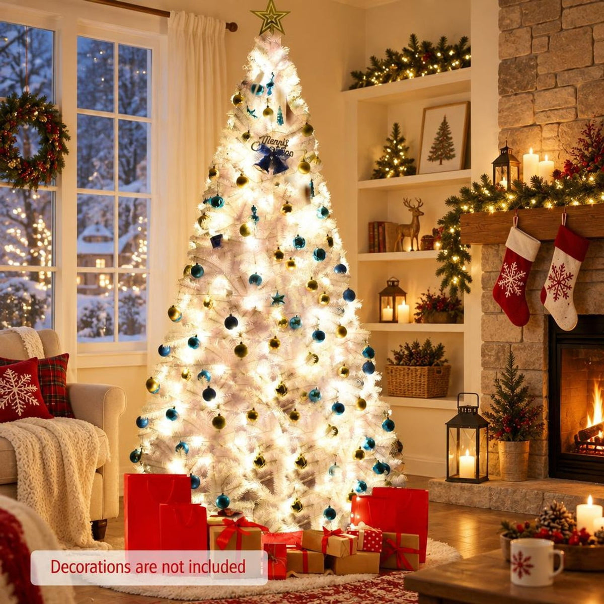 Airfind 6 / 7.5 / 9 Hinged Artificial Christmas Tree with Metal Stand-9 ft, PVC iron Frame, φ 3.8 ft x 6 ft Footprint, White