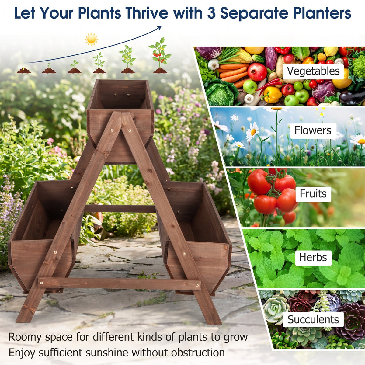 Airfind Vertical Raised Garden bed with 3 Wooden Planter Boxes, Fir Wood Frame, 26 x 29 x 29 (L x W x H) Interior Footprint, Brown