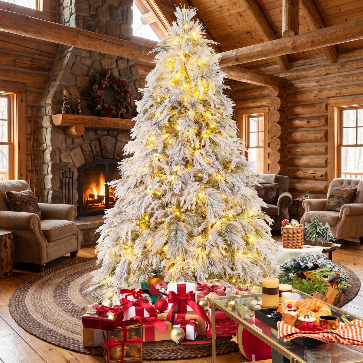 Airfind 7 Feet Pre-Lit Snow Flocked Christmas Tree with Warm White LED Lights-7 ft, White, Diameter of Stand 20/18/16 Inch