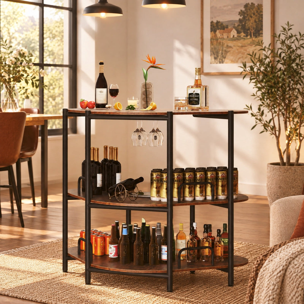 Airfind 3-Tier Liquor Bar Table with Stemware Racks and Storage Shelves, 200 lbs Capacity, Engineered Wood Metal Frame, 48 x 26 x 40 Footprint