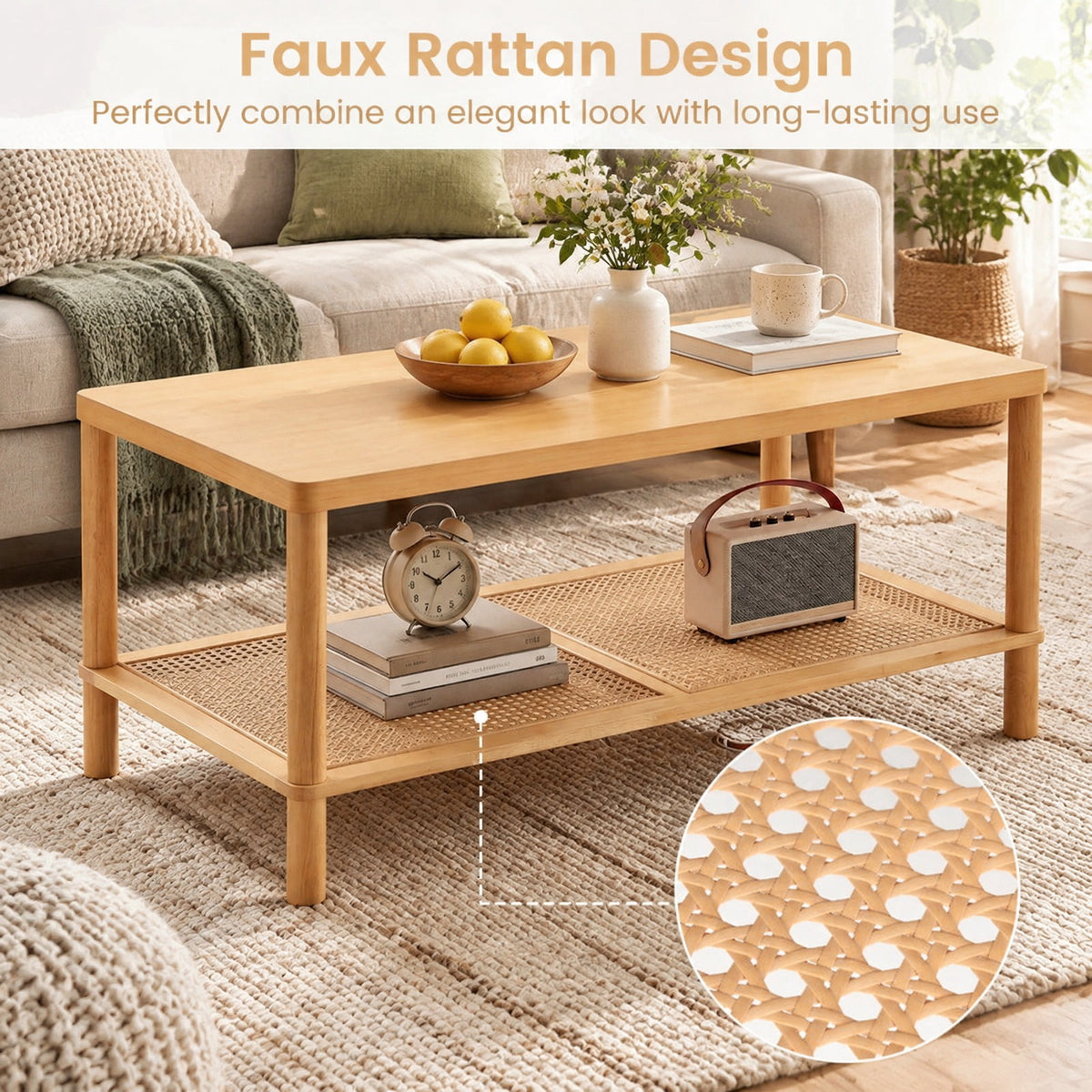 Airfind 2-Tier Boho Coffee Table for Living Room Rectangular Center Table with Rubber Wood Frame and PVC Rattan Storage Shelf, 185 lbs Capacity