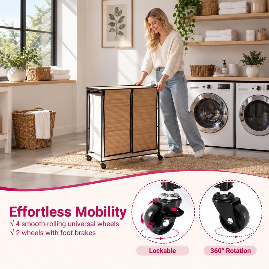 Airfind 18.5 Gal Laundry hamper with Lid 2-Section with 2 Lockable Wheels, 11 lbs Capacity, Bamboo Metal Oxford Cloth Frame, Natural