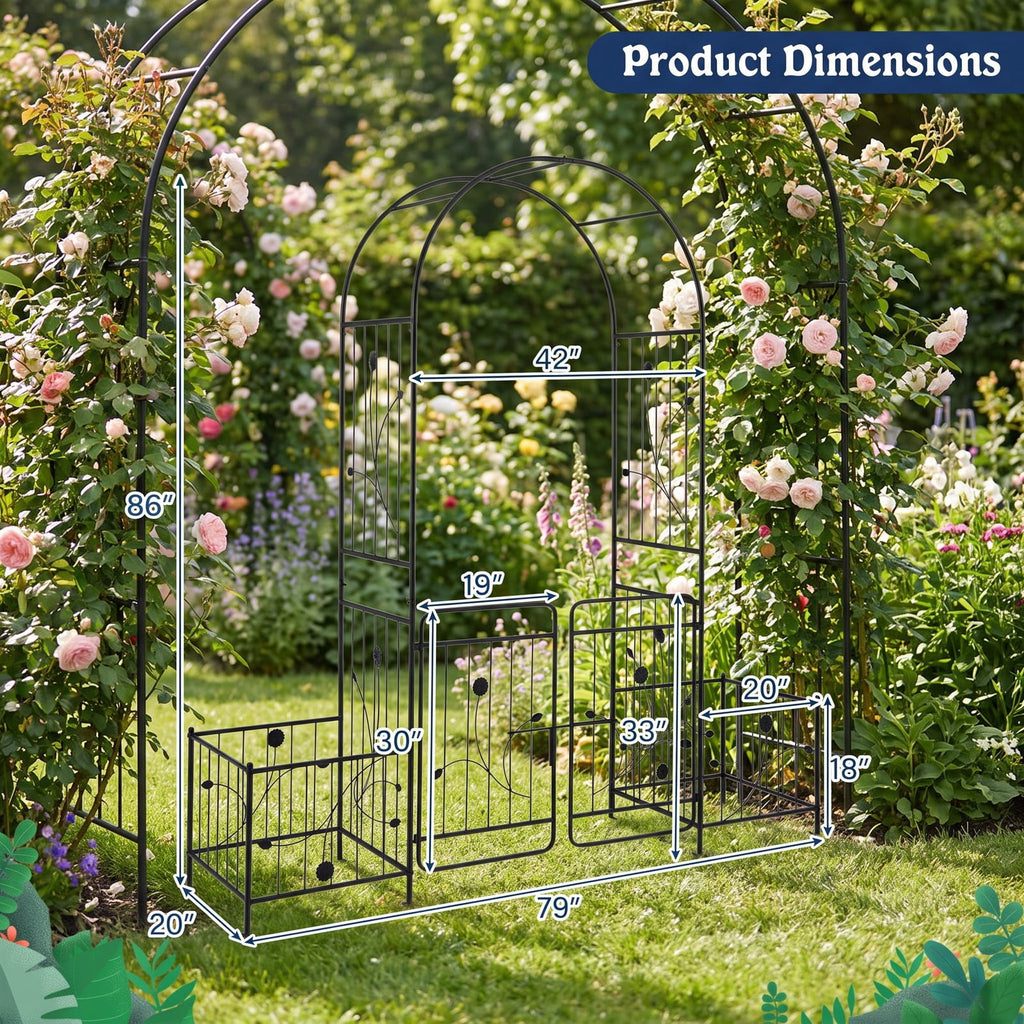 Airfind 87 Inches Garden Arbor with Lockable Gate Side Planters, Metal Frame, 80 x 20 x 87 Footprint, Black