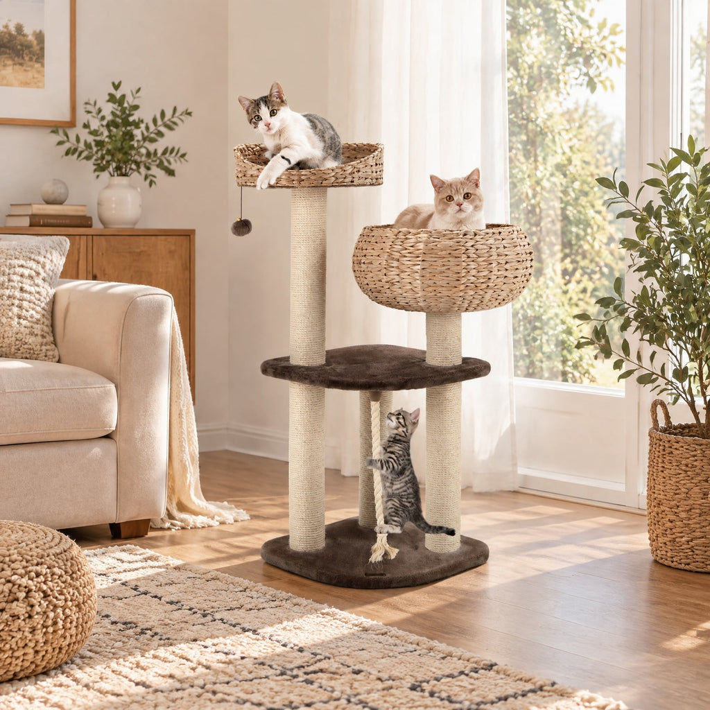 Airfind 41 Inch Rattan Cat Tree with Napping Perch, Water hyacinth straw sisal rope particle board Frame, Brown