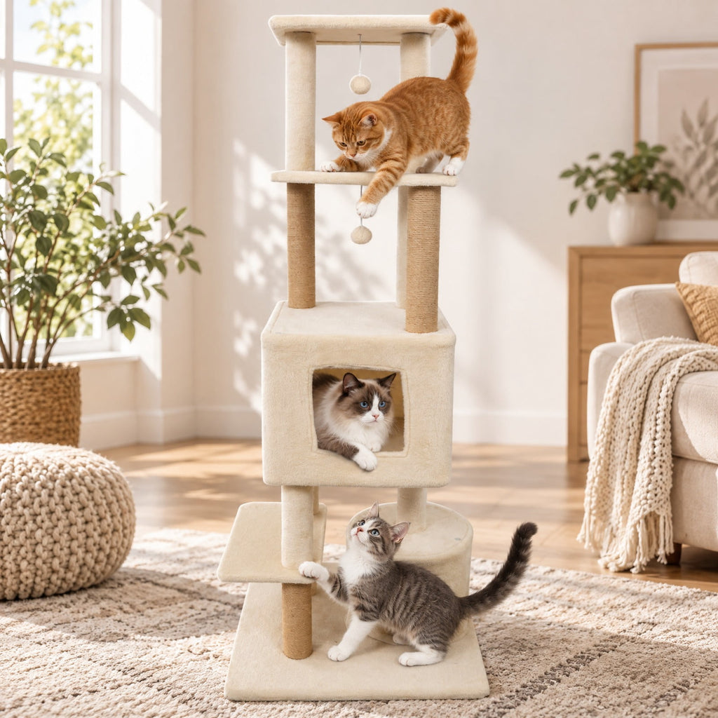 Airfind 64 Inch Tall Cat Tree with 2 Large Condos and Jute Scratching Posts for Indoor Adult Cats, 33 lbs Capacity, Beige