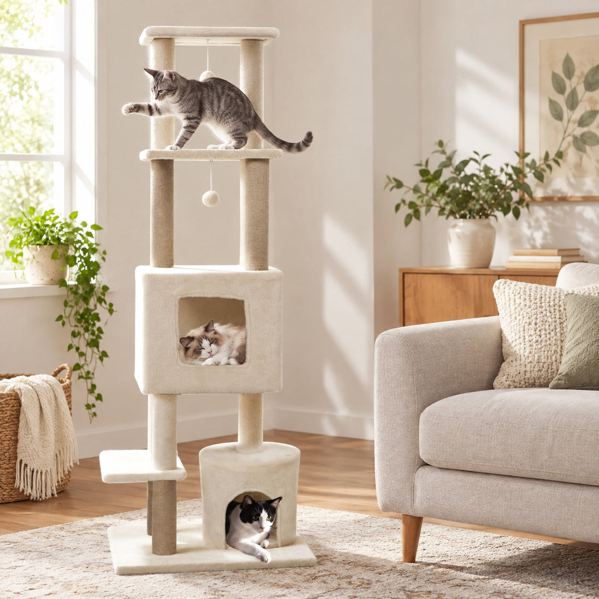 Airfind 64 Inch Tall Cat Tree with 2 Large Condos and Jute Scratching Posts for Indoor Adult Cats, 33 lbs Capacity, Beige