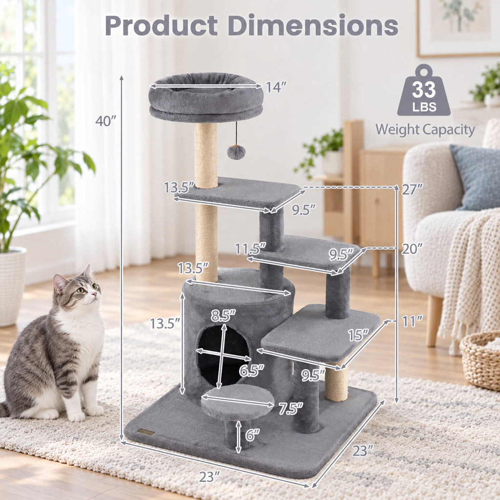 Airfind 40 Inch Multi-level Cat Tower with Condo and Dangling Jingle Ball, 33 lbs Capacity, Engineered Wood Sisal Plush Fabric Frame, Gray