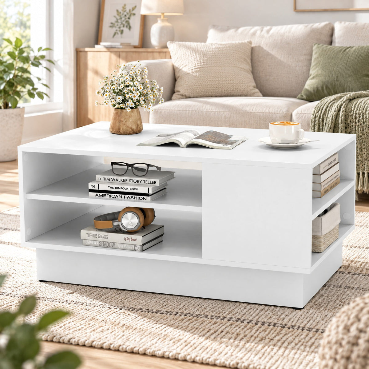 Airfind Modern Coffee Table with 2-Tier Open Storage Shelves, 132 lbs Capacity, Engineered Wood Frame, 34 x 22 x 16 Footprint, White