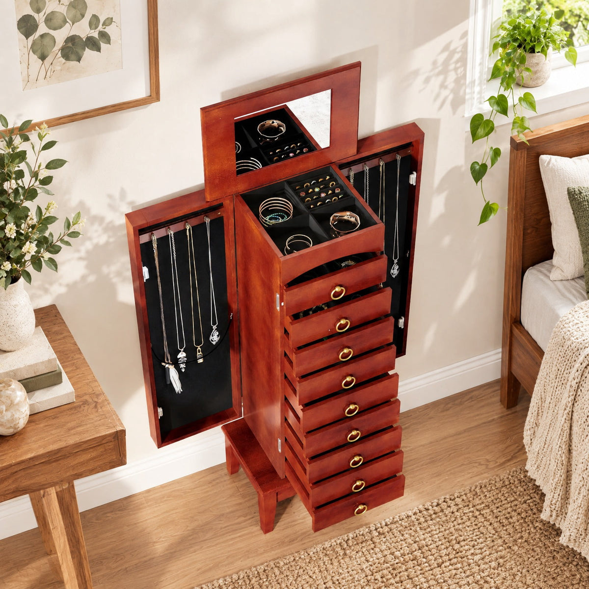 Airfind Large Capacity Jewelry Storage Cabinet with 9 Drawers, MDF Glass Frame, 16in x 10.5in x 40in Footprint, Walnut