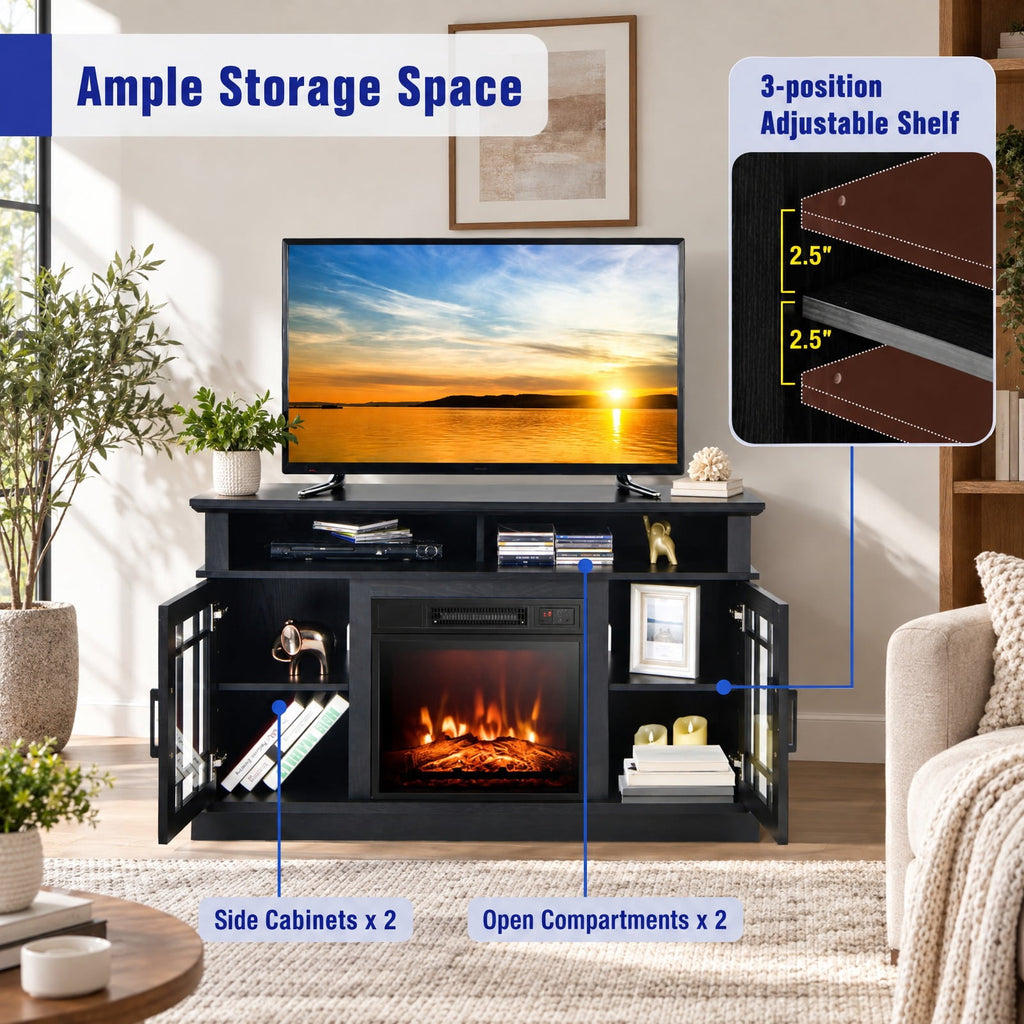 Airfind 48 Inch Electric Fireplace TV Stand with Cabinets for TVs up to 55 Inch, 70 Lbs Capacity, 48 Inch X 16 Inch X 30 Inch, Black