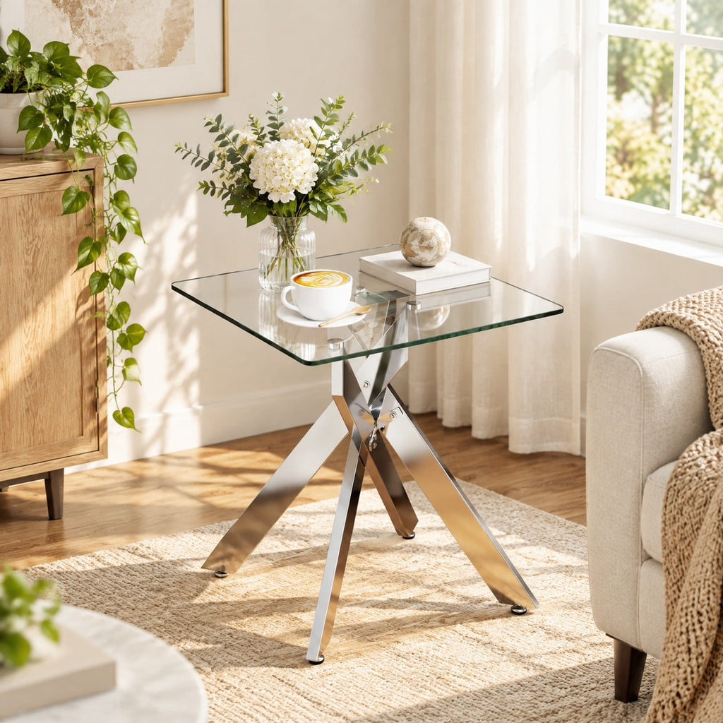 Airfind Glass Side Table Square End Table with Tempered Glass Top and Metal X Base, 20 Inch x 20 Inch x 22.5 Inch Load Footprint, Silver