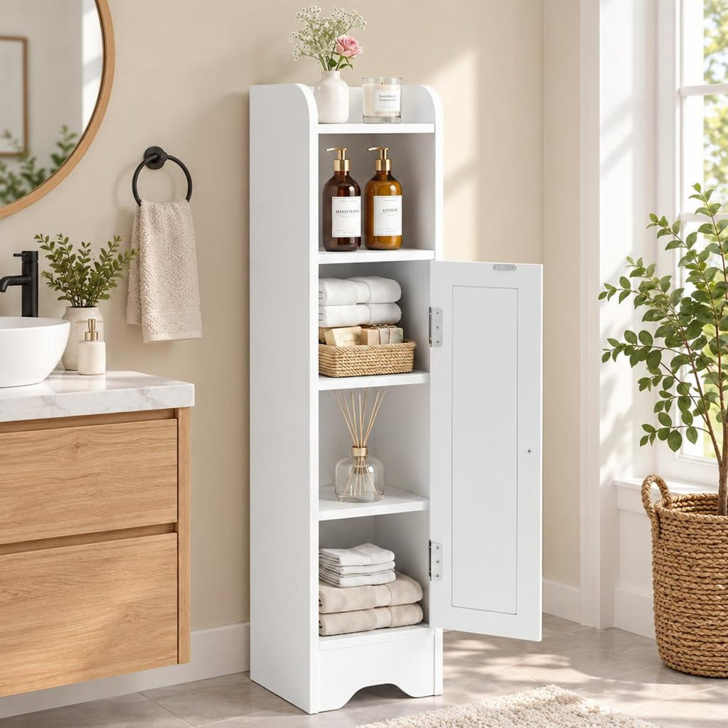 Airfind Slim Bathroom Cabinet Corner with 1 Door and Adjustable Shelves, 22 lbs Capacity, Engineered Wood Frame, 7.5in x 7in x 31.5in Footprint, White