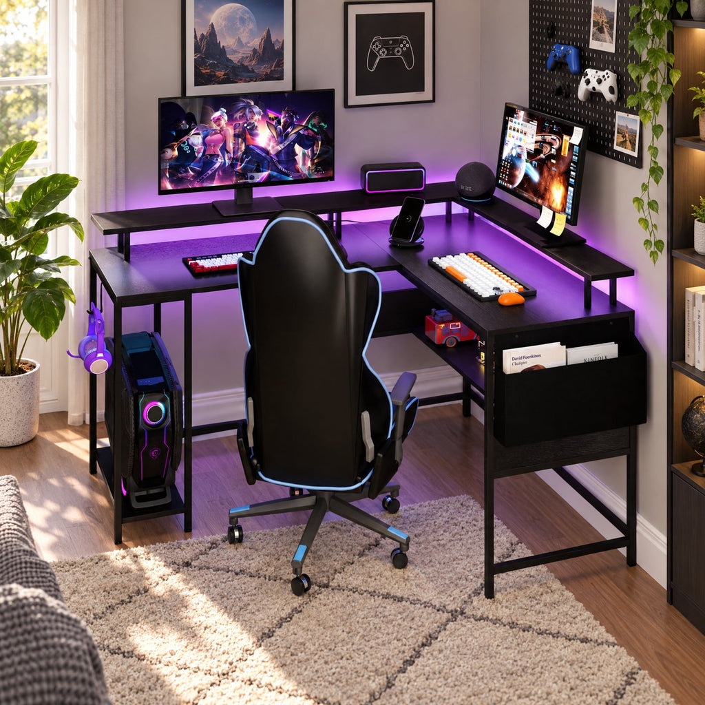 Airfind L-Shaped Gaming Desk with LED Lights and Power Outlets Home Office Computer Desk, 200 lbs Capacity, Engineered Wood Metal Frame, Black