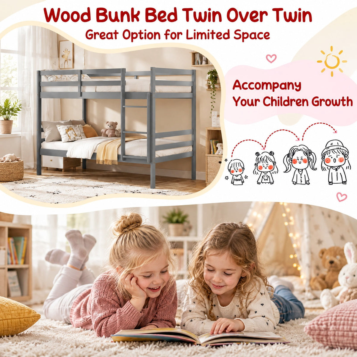 AIRFIND Twin Over Twin Bunk Bed with Pine Wood Frame, Plywood Slats, Inclined Ladder, Guardrails and Wall Brackets, Mattress Not Included, Gray
