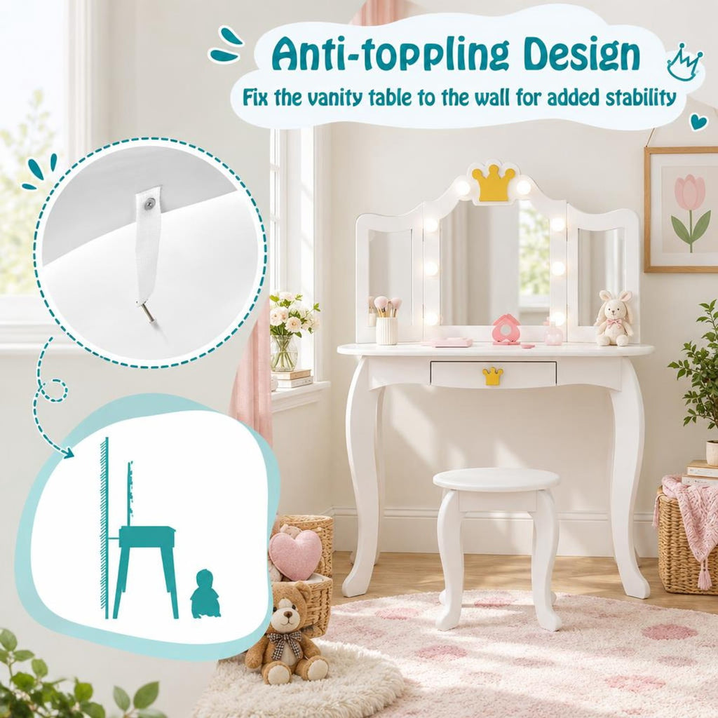 Airfind Kids Vanity Set with Tri-fold Lighted Mirror Detachable Top and Stool, 110 lbs Capacity, MDF Frame, for 3-7 Years Old, White