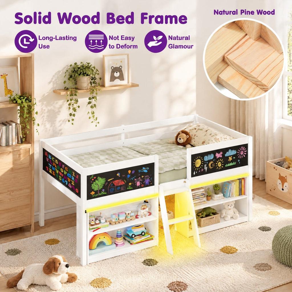 Airfind Low Loft Bed with LED Lights Youth Cabin Bed with Bookcases, 250 Lbs Capacity, Solid Wood Plywood MDF Engineered Wood, White