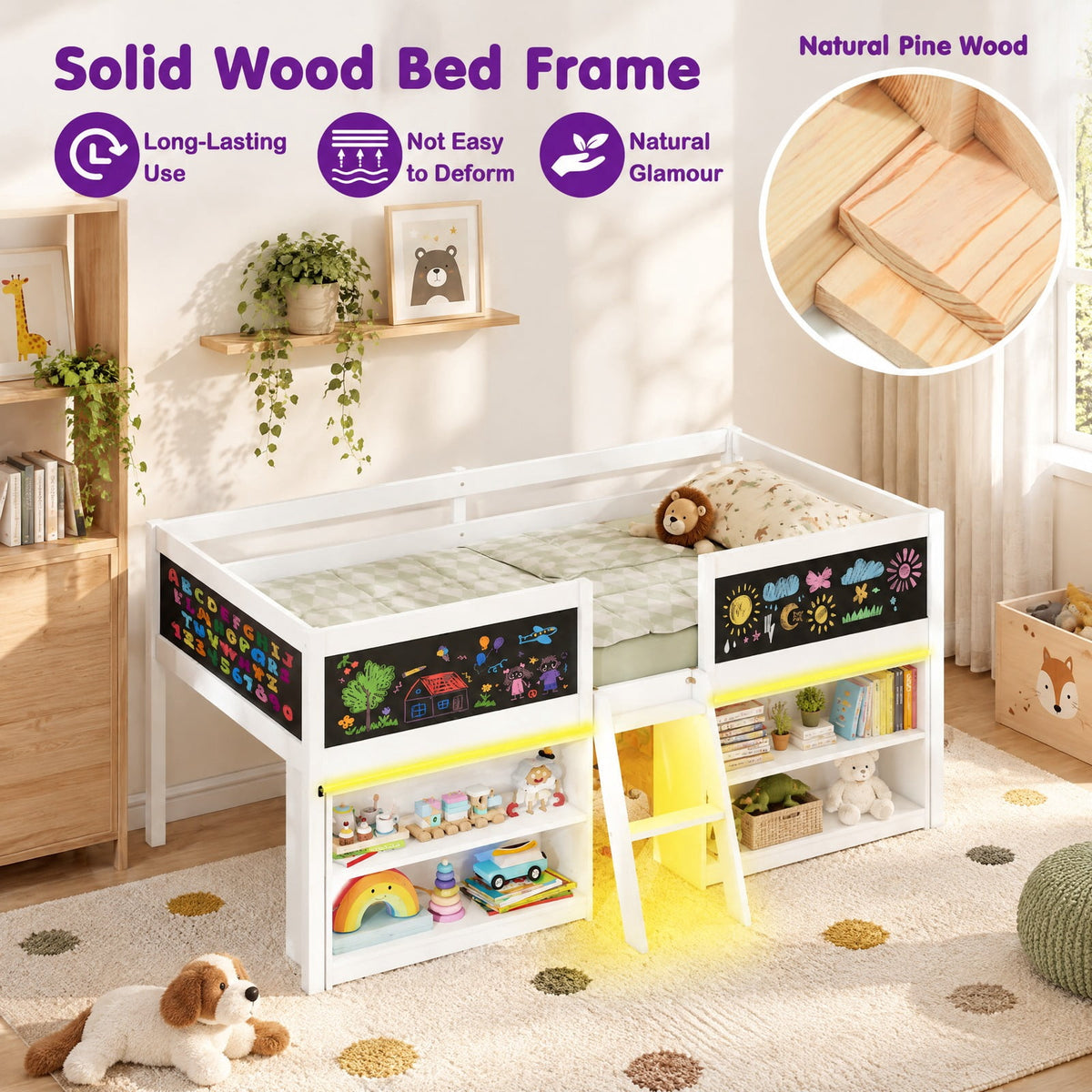 Airfind Low Loft Bed with LED Lights Youth Cabin Bed with Bookcases, 250 Lbs Capacity, Solid Wood Plywood MDF Engineered Wood, White