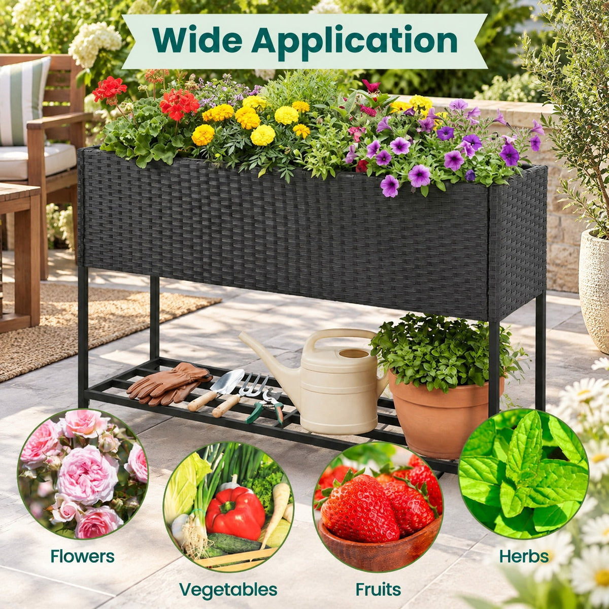 Airfind Raised Wicker Garden Bed with Storage Shelf and Removable Liner, 132 lbs Shelf Capacity, Metal Frame, 40 x 12 x 28 Planter Footprint