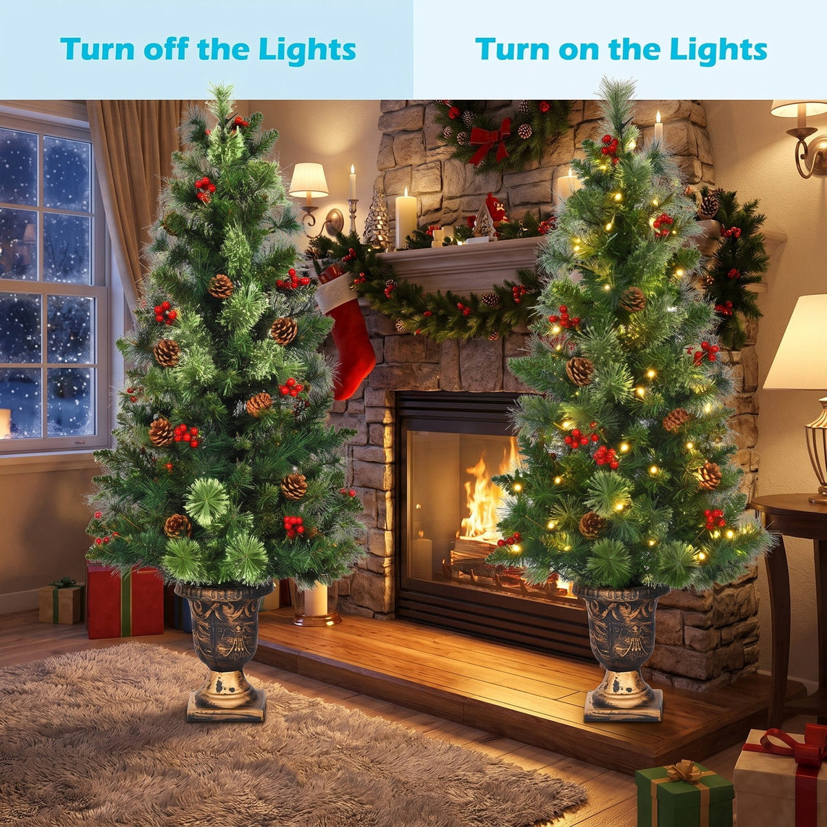 Airfind LED Christmas Tree with Red Berries Pine Cones-3, PVC Metal Cement Tree Height 3 ft 4 ft 5 ft Tree Width 15 22 26 Frame, Red