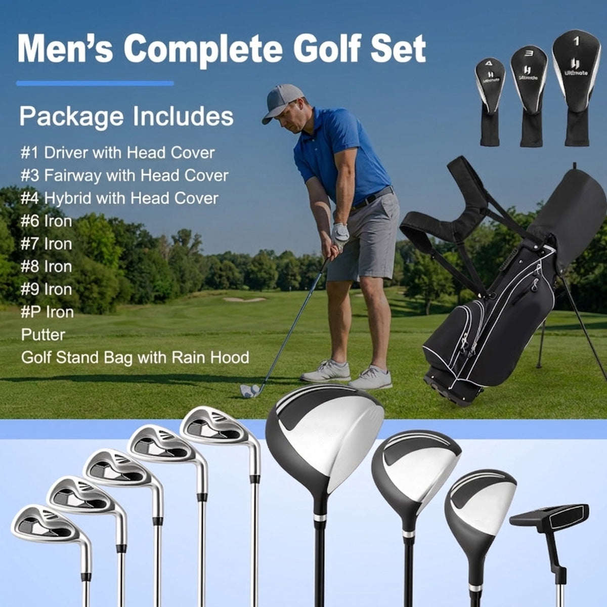 Airfind Right-Handed Golf Club Set for Adults with 11 Pieces Including a Titanium Driver and Stainless Irons Plus Putter and Premium Stand Bag as a Complete Golf Club Set, Dark
