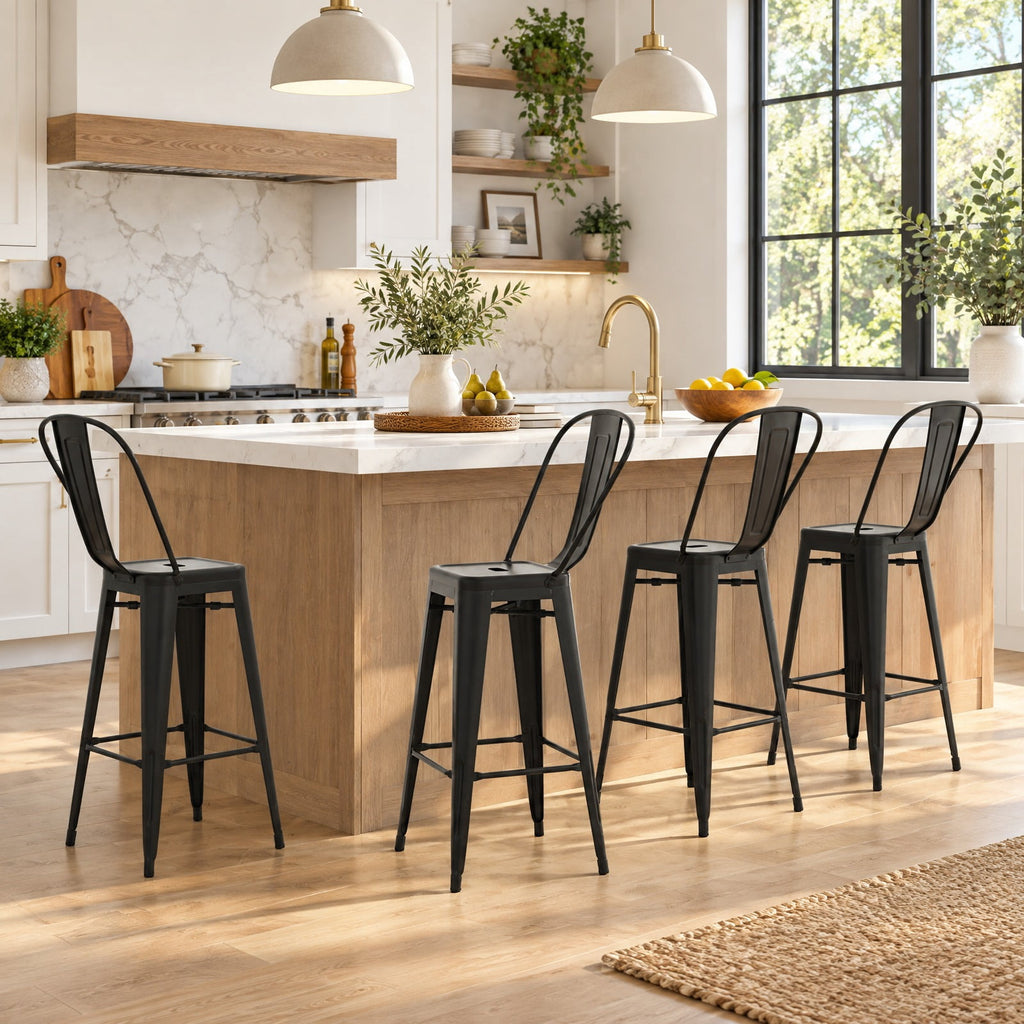 Airfind Set of 4 Bar Height Chairs Stackable Metal Bar Stools with Removable Backrest, Metal Frame, 18 Inch x 20.5 Inch x 46 Inch Footprint, Black