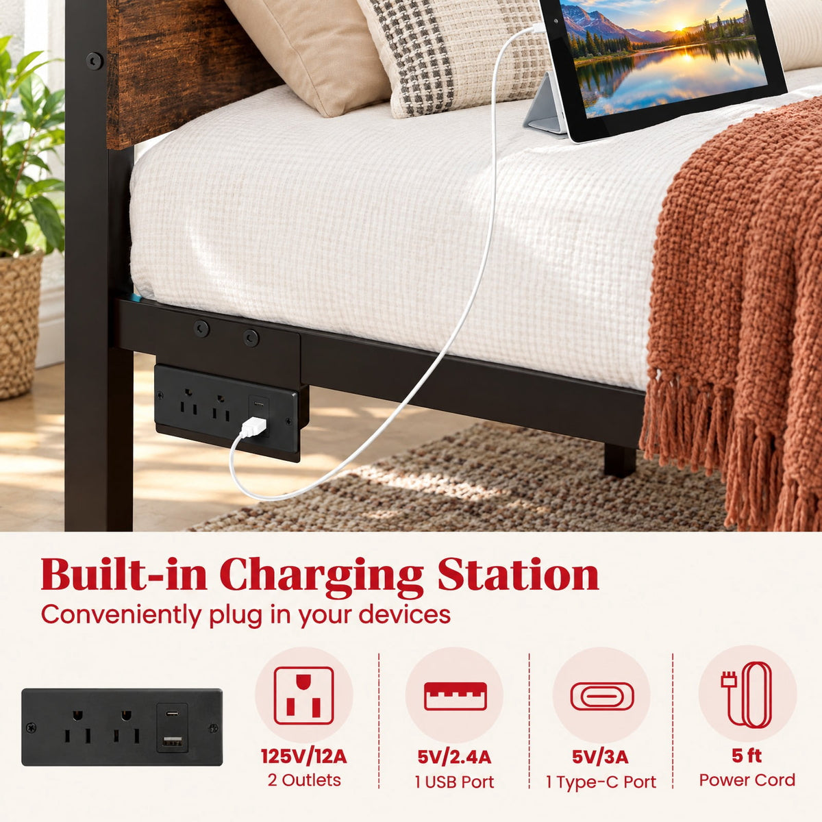 Airfind Heavy-Duty Metal Slats Support Bed Platform with Charging Station, 880 lbs Capacity, Metal Engineered Wood Frame, Brown