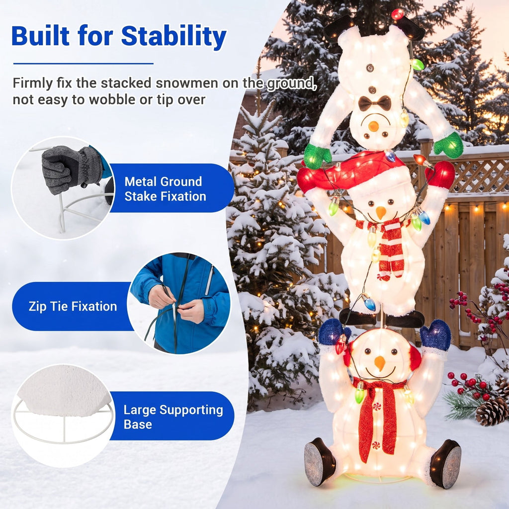 Airfind 5.6 Feet Lighted Stacked Snowmen Christmas Decoration, Plush Fabric Metal Frame, White, Overall Dimensions 1.9 x 1.3 x 5.6 ft (L